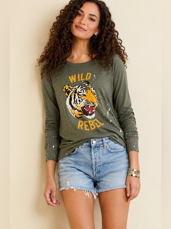 Chaser Tops - Chaser Wild Rebel Tiger Graphic Sweatshirt Olive Green Paint Splatter XS